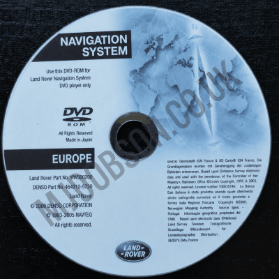 DVD-ROM labeled Navigation System Europe for Land Rover, with world map background and Land Rover logo nearby, useful for navigation data.