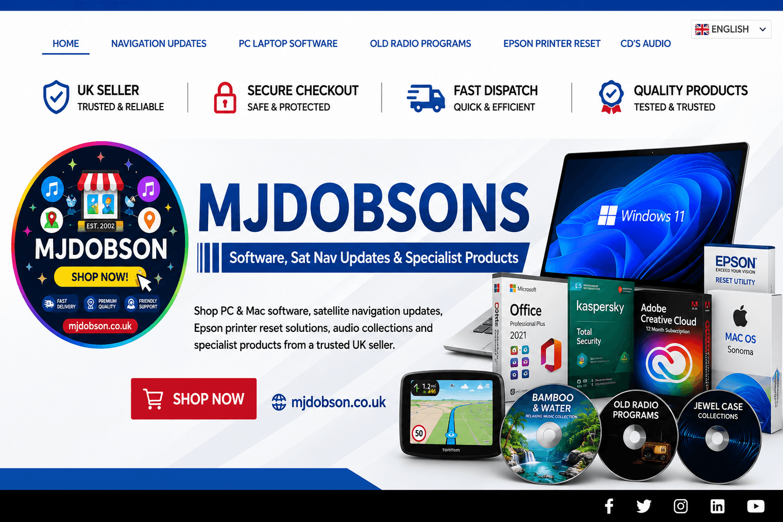 Hero banner promoting MJDOBSON software and products with a large 'MJDOBSON' logo, a round shop graphic, and a 'Shop Now' button.