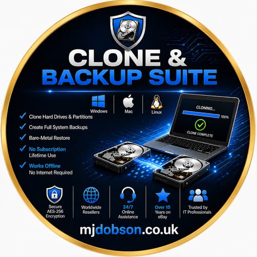 Circular ad for Clone & Backup Suite with laptop and two hard drives; supports Windows, Mac, and Linux; features cloning drives, system backups, bare-metal restore; mjdobson.co.uk