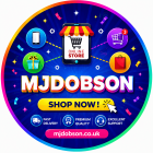 Round promotional badge for MJDOBSON Online Store with 'Shop Now' button and icons for delivery, quality, and support; website mjdobson.co.uk