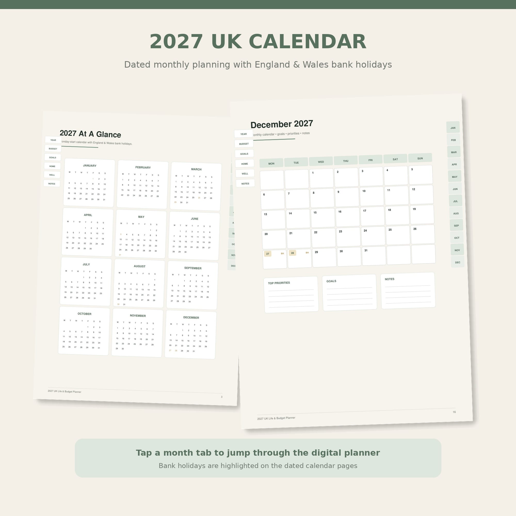 2027 UK Digital Planner, Hyperlinked A4 Life & Budget PDF, Printable Goodnotes - Image 4