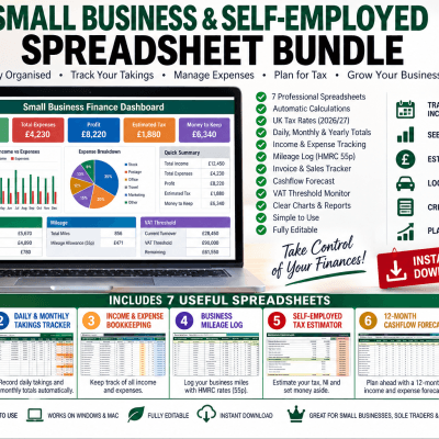 UK Self-Employed Business Spreadsheet Bundle | 7 Excel Workbooks for Finance, Tax, Cashflow (Digital Download)
