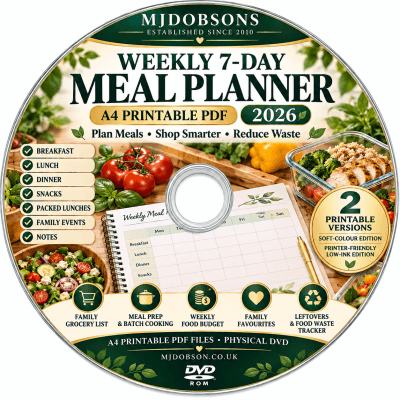 Weekly 7 - Day Meal Planner - A4 Printable PDF DVD 2026