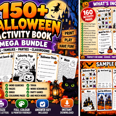 150+ Halloween Activity Book Printable PDF | Kids Family Party Games | Word Search Maze Bingo Trivia | Instant Download