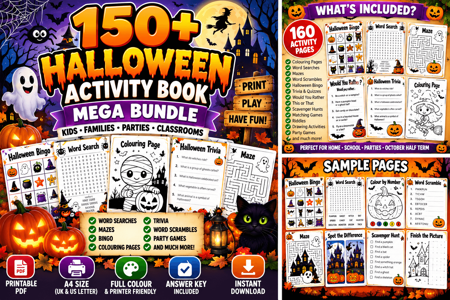 150+ Halloween Activity Book Printable PDF | Kids Family Party Games | Word Search Maze Bingo Trivia | Instant Download