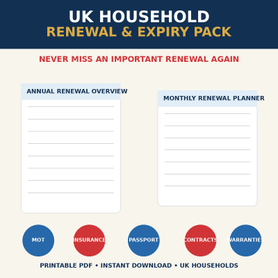 UK Household Renewal Tracker Printable | MOT Insurance Passport Expiry Planner | Life Admin Organiser | Digital PDF Download
