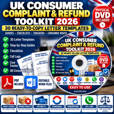 UK Consumer Complaint & Refund Toolkit | 30 Letter Templates | Consumer Rights Guide | Section 75 | Chargeback | Refund Help PDF DVD